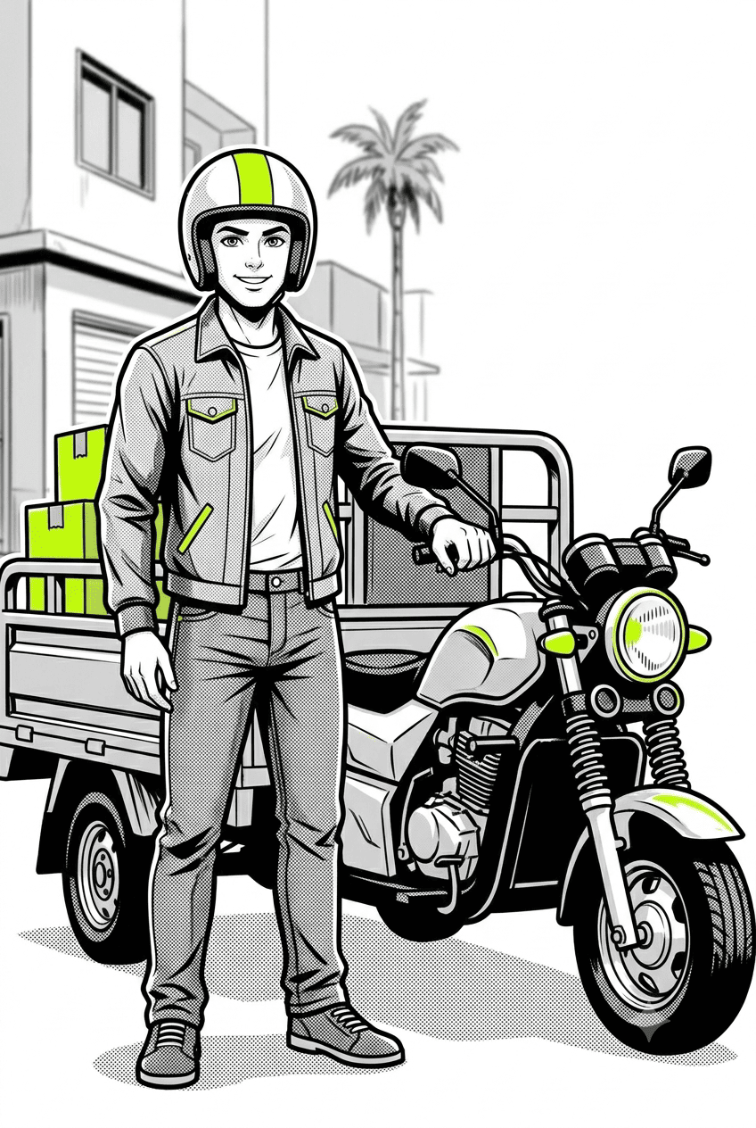 Ilustración de un motocarguero junto a su vehículo de carga TukcarGo