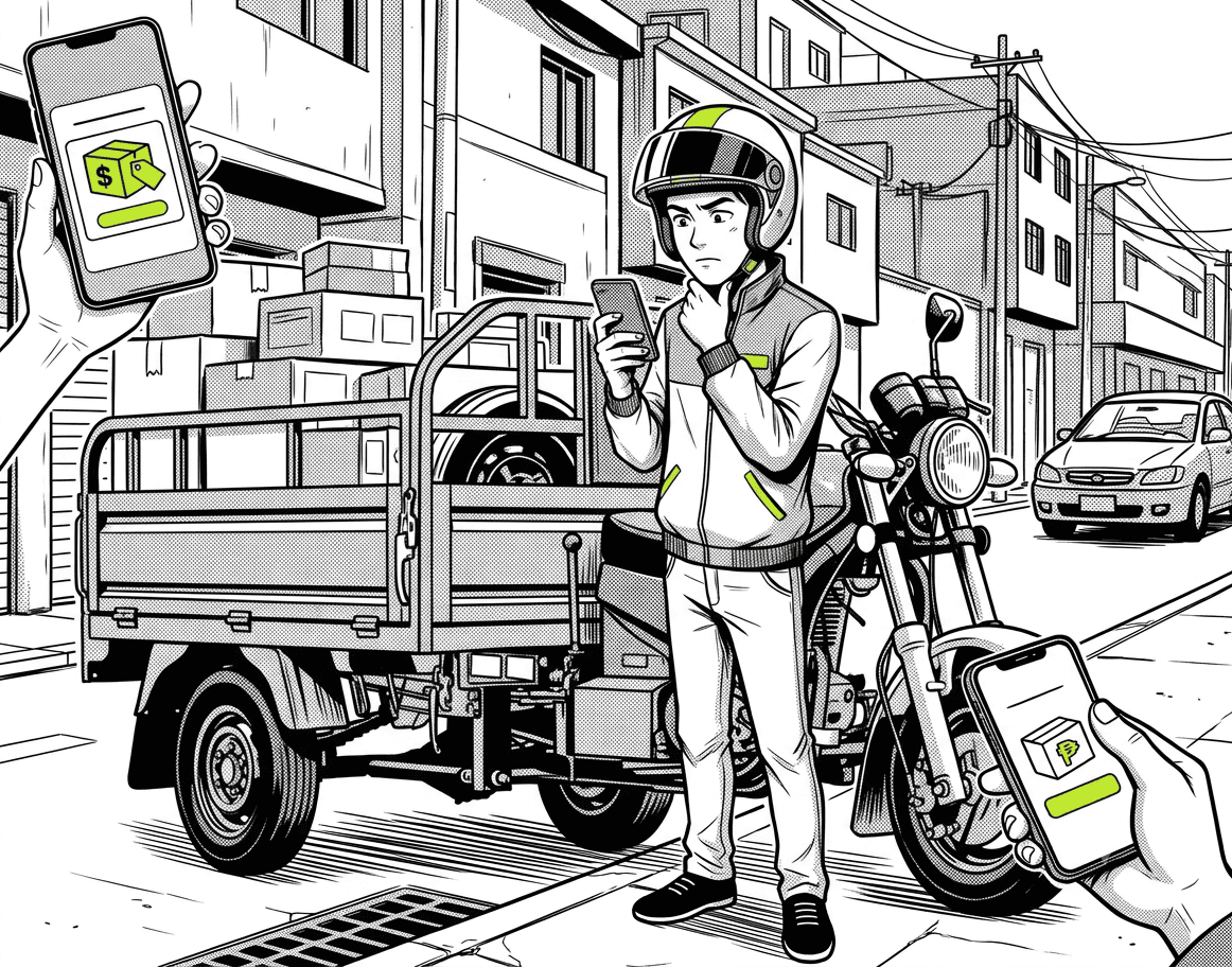 Ilustración de un motocarguero revisando en su celular la oferta de precio de un envío